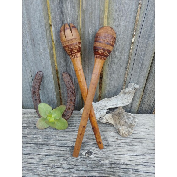 Vintage Handcarved Hardwood Serving Fork And Spoon Set - Picture 1 of 10